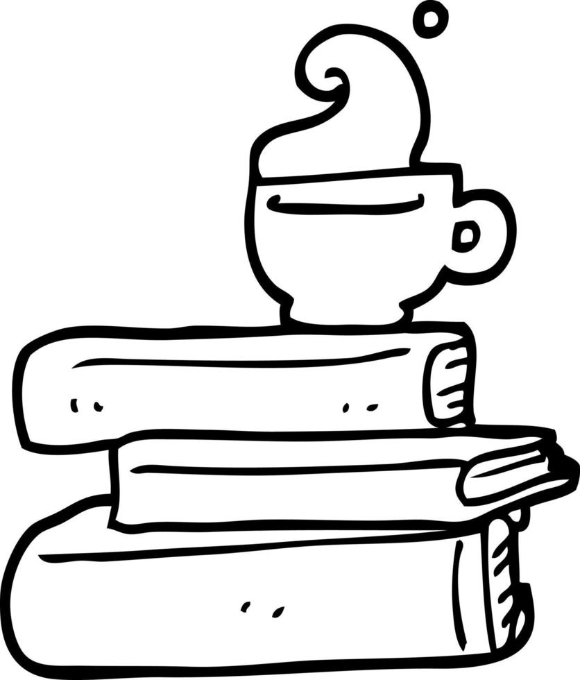 black and white cartoon books and cup of coffee vector