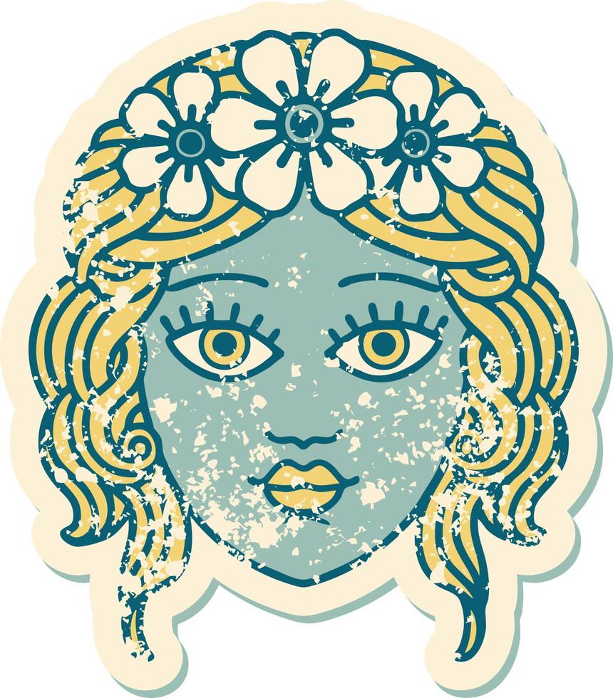 icónica imagen angustiada de estilo tatuaje de rostro femenino con corona de flores vector