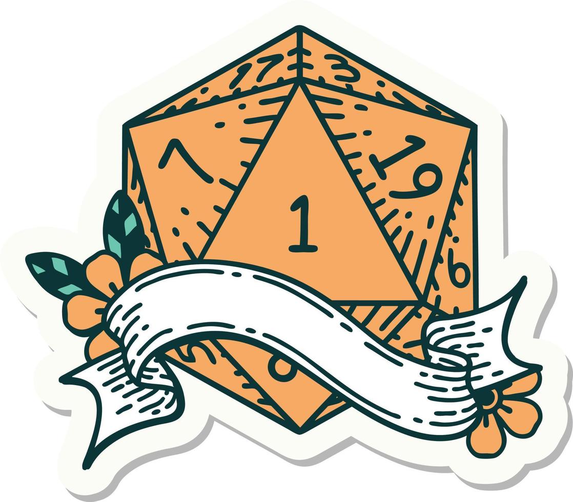 sticker of a natural one d20 dice roll vector