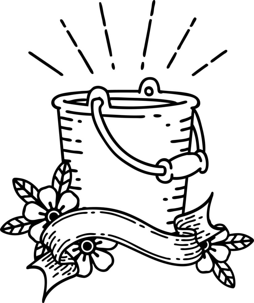 scroll banner with black line work tattoo style bucket of water vector