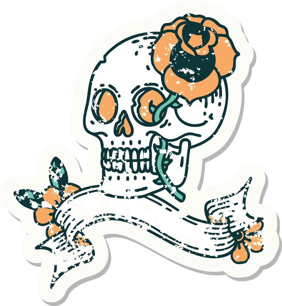 worn old sticker with banner of a skull and rose vector