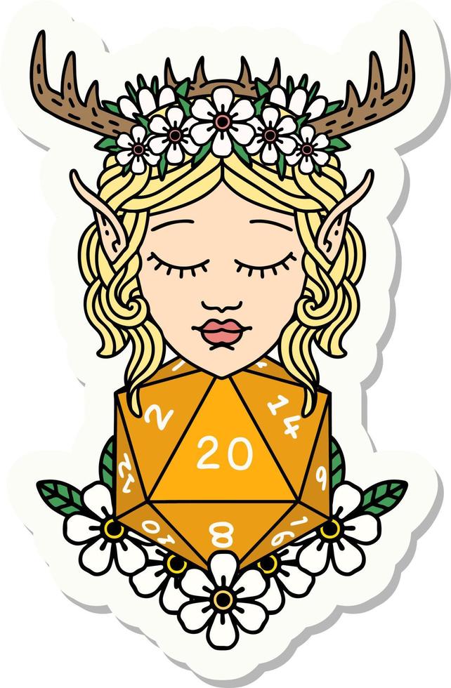 sticker of a elf druid character with nautral twenty dice roll vector