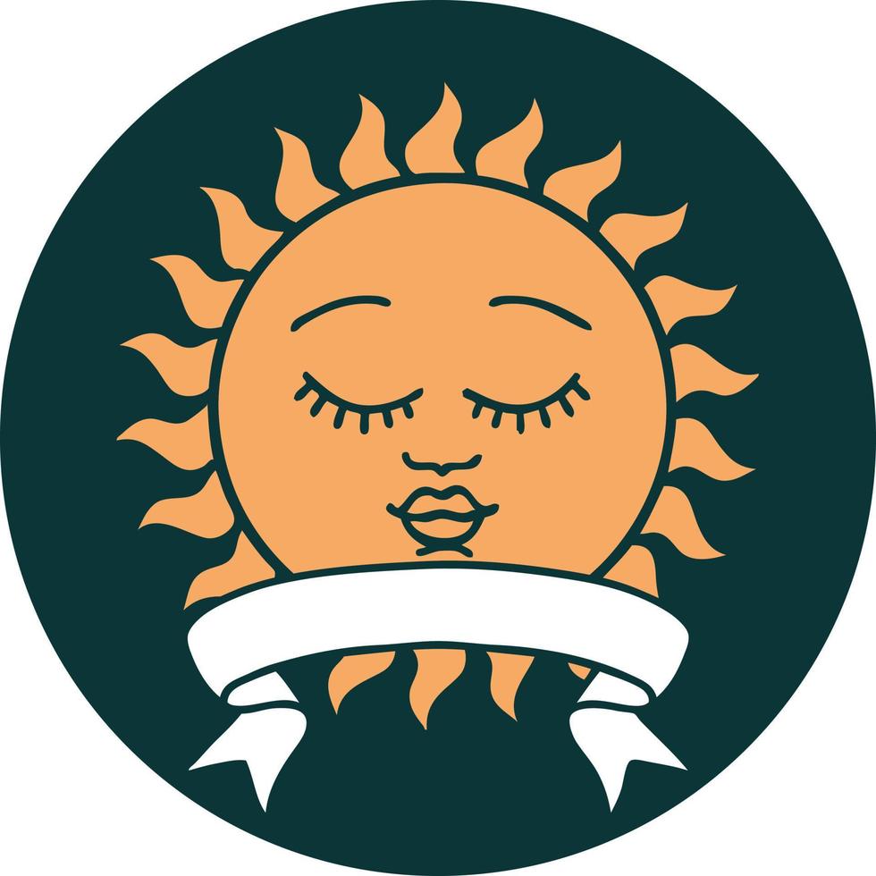 tattoo style icon with banner of a sun with face vector