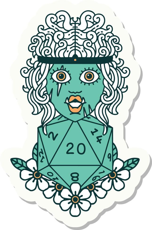 sticker of a orc barbarian with natural twenty dice roll vector