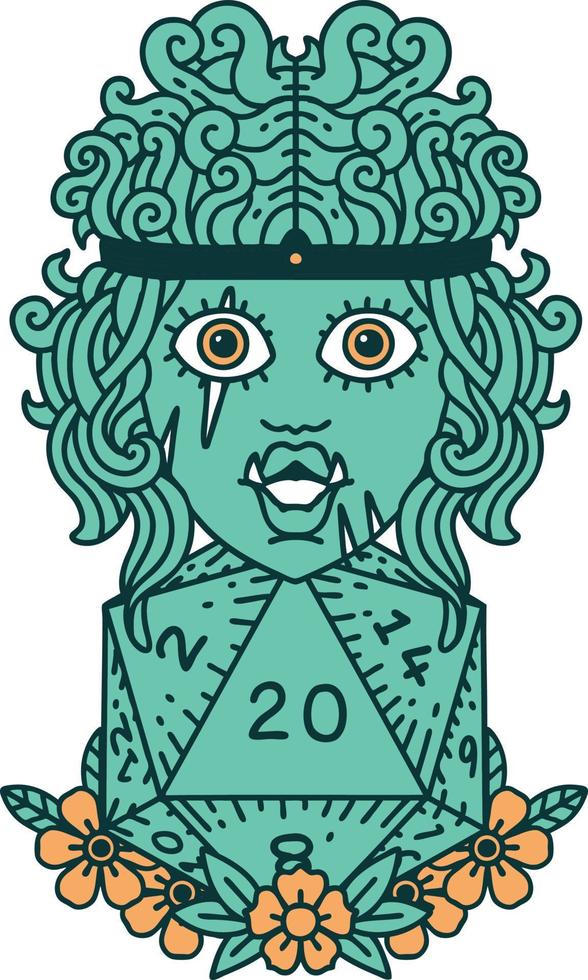 Retro Tattoo Style orc barbarian with natural twenty dice roll vector