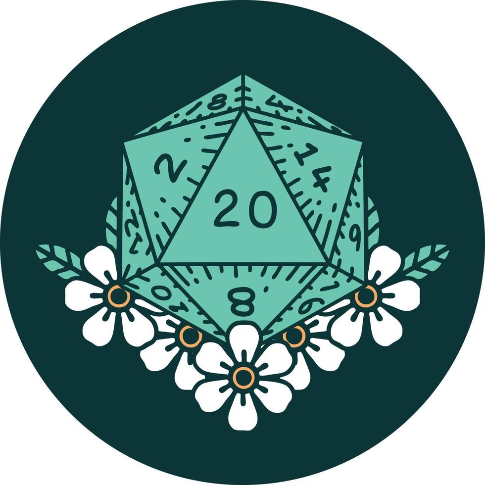 icon of natural 20 D20 dice roll with floral elements vector