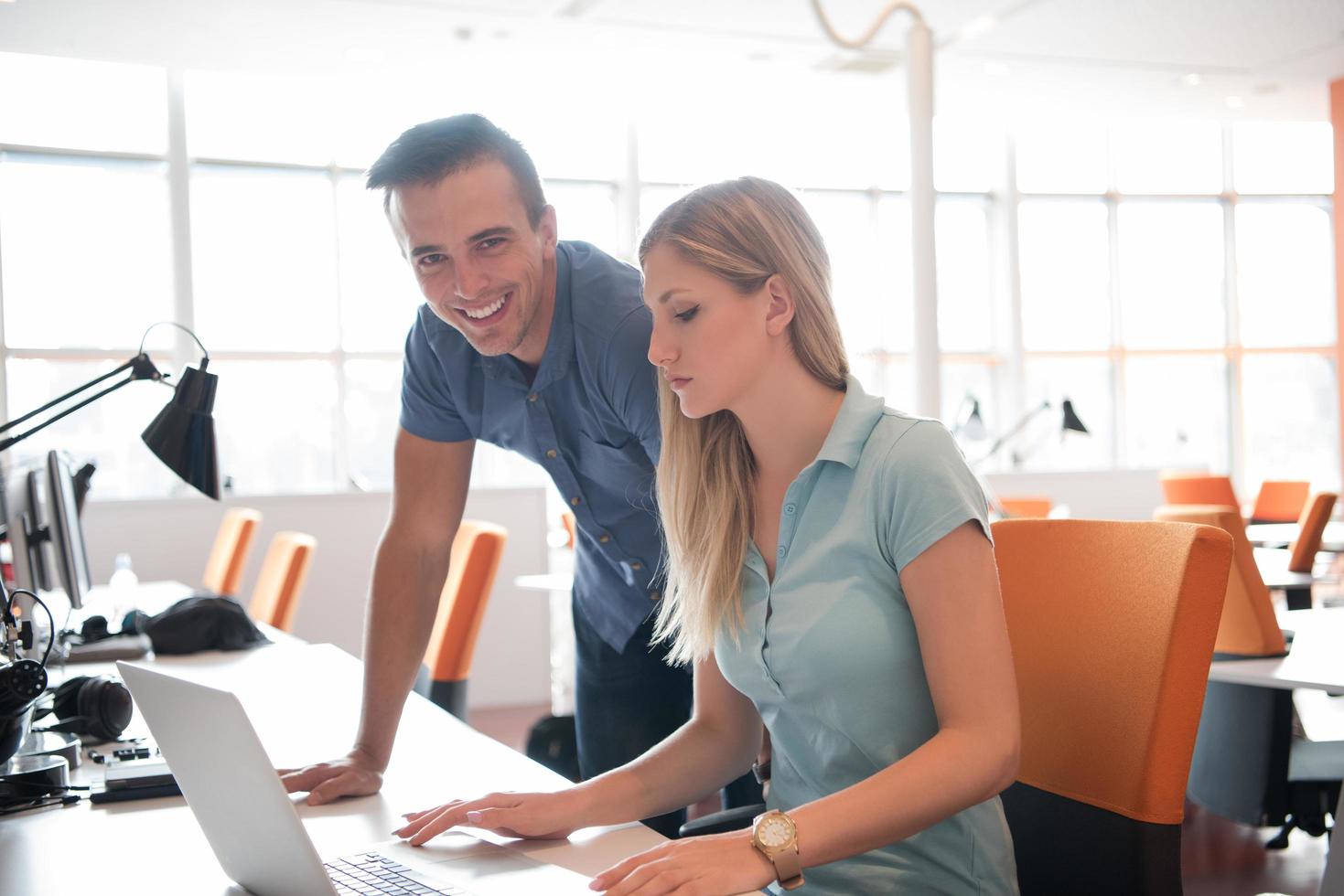 Group of young people employee workers with computer photo