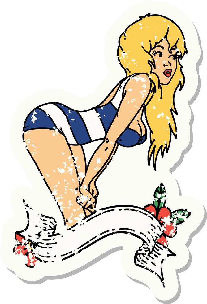 distressed sticker tattoo in traditional style of a pinup girl in swimming costume with banner vector