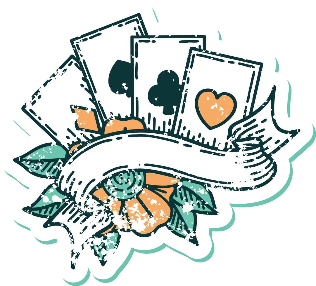 iconic distressed sticker tattoo style image of cards and banner vector