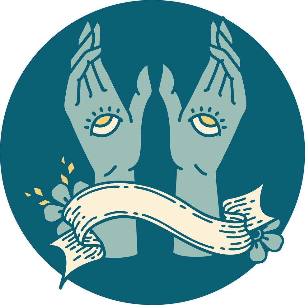 tattoo style icon with banner of mystic hands vector
