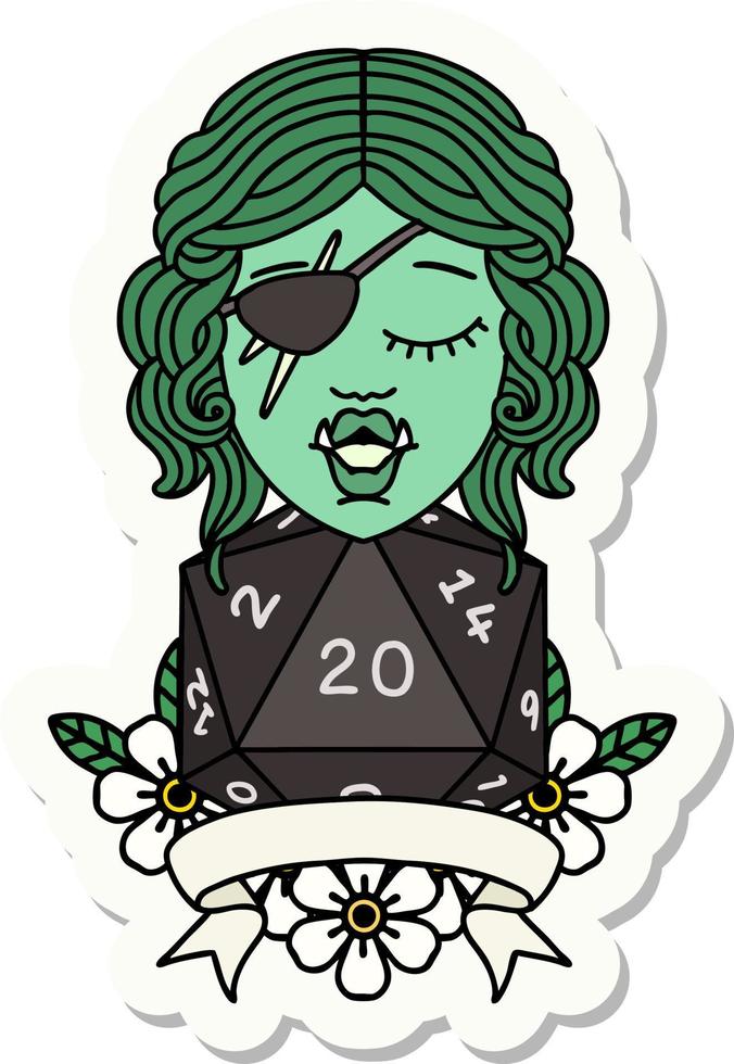 sticker of a half orc rogue character with natural twenty dice roll vector