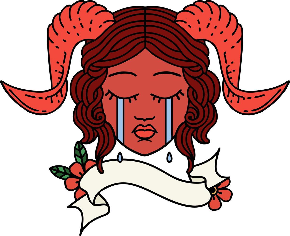 Retro Tattoo Style crying tiefling character face with scroll banner vector