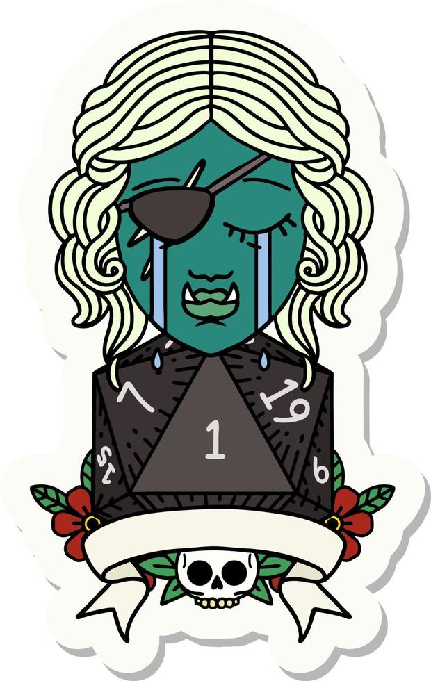 sticker of a crying orc rogue character with natural one roll vector