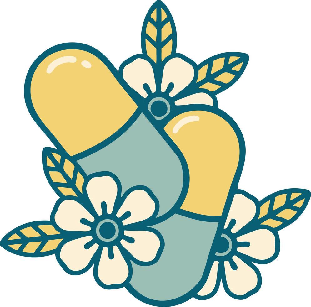 iconic tattoo style image of pills and flowers vector