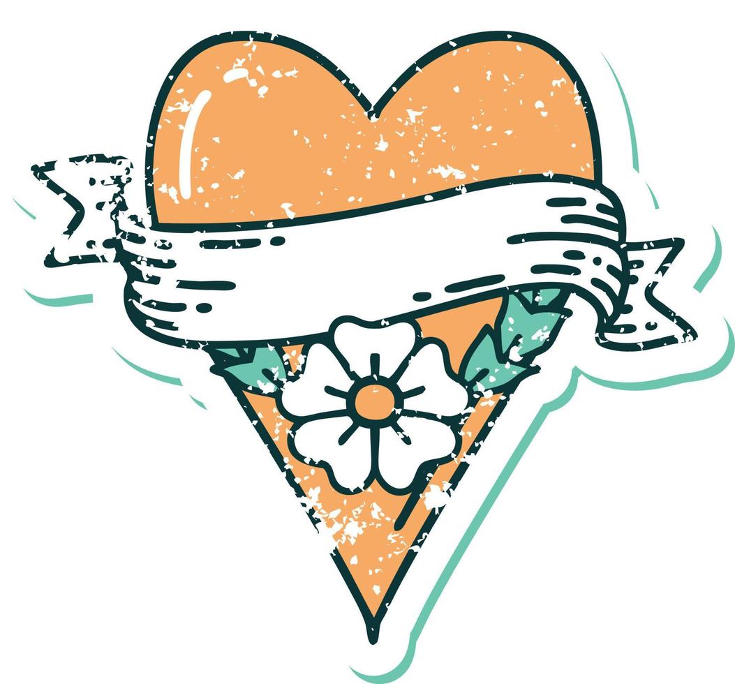 iconic distressed sticker tattoo style image of a heart flower and banner vector