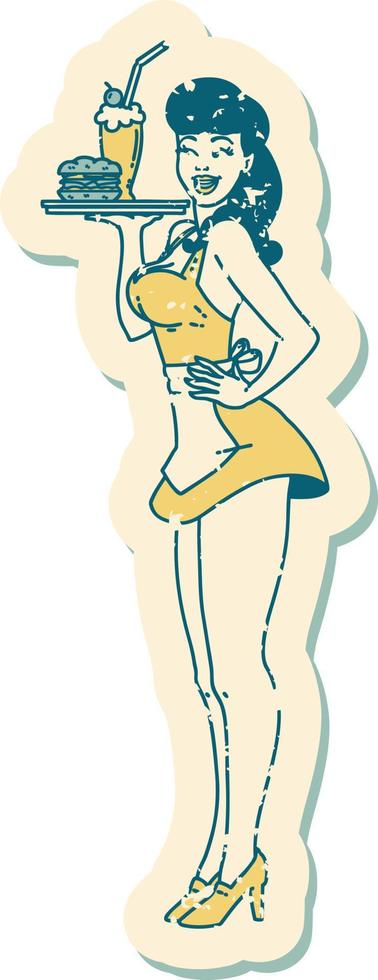 distressed sticker tattoo in traditional style of a pinup waitress girl vector