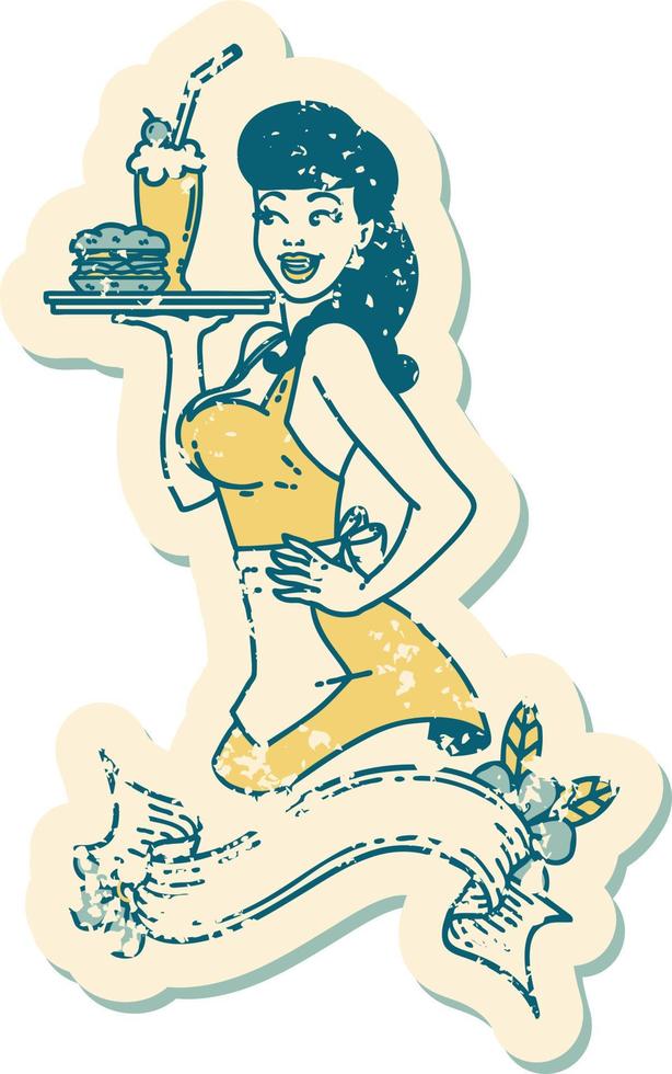 distressed sticker tattoo in traditional style of a pinup waitress girl with banner vector