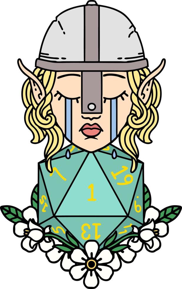 Retro Tattoo Style sad elf fighter character with natural one d20 roll vector