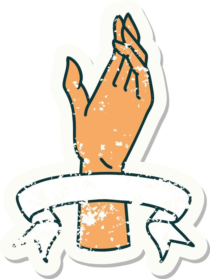 worn old sticker with banner of a hand vector