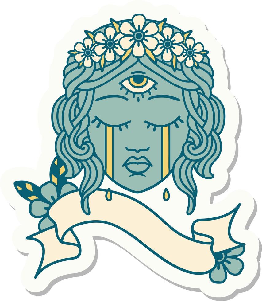 tattoo style sticker with banner of female face with mystic third eye crying vector