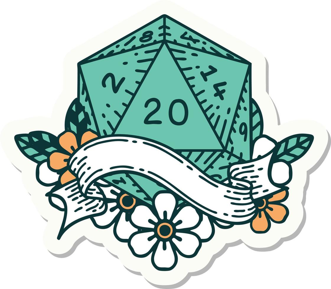 sticker of a natural twenty D20 dice roll vector