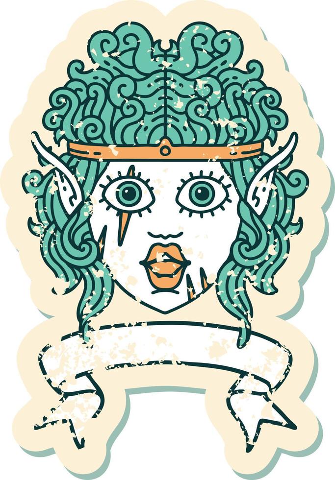 Retro Tattoo Style elf barbarian character face with banner vector