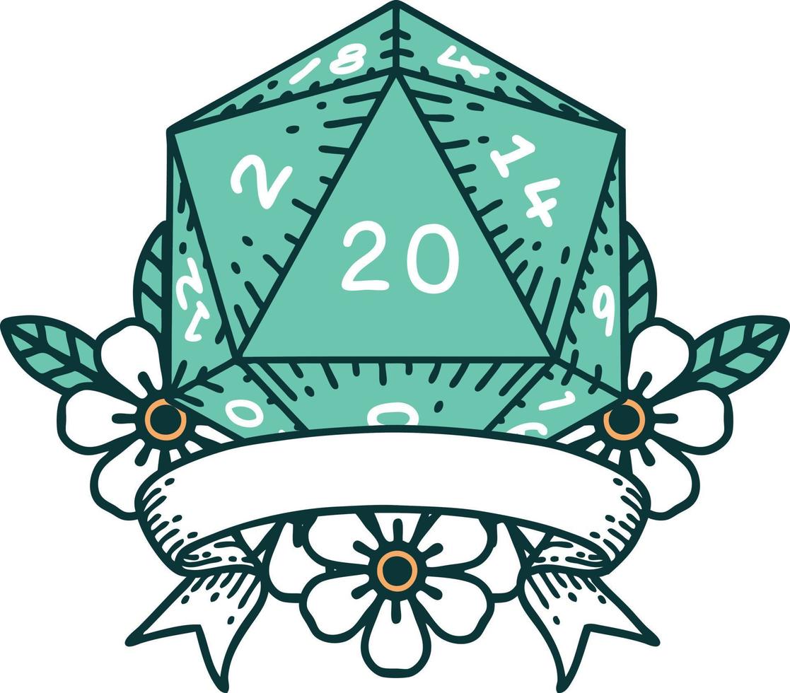 Retro Tattoo Style natural 20 critical hit D20 dice roll vector