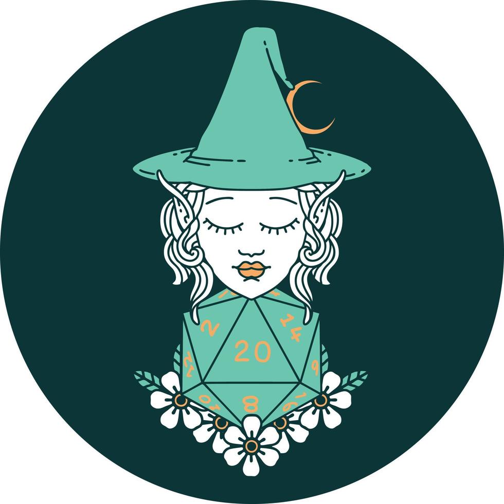 icon of elf mage character with natural twenty dice roll vector