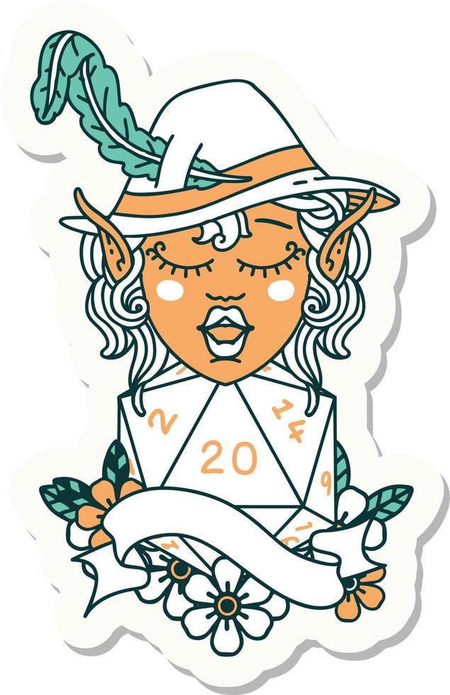 sticker of a elf bard character with natural twenty vector
