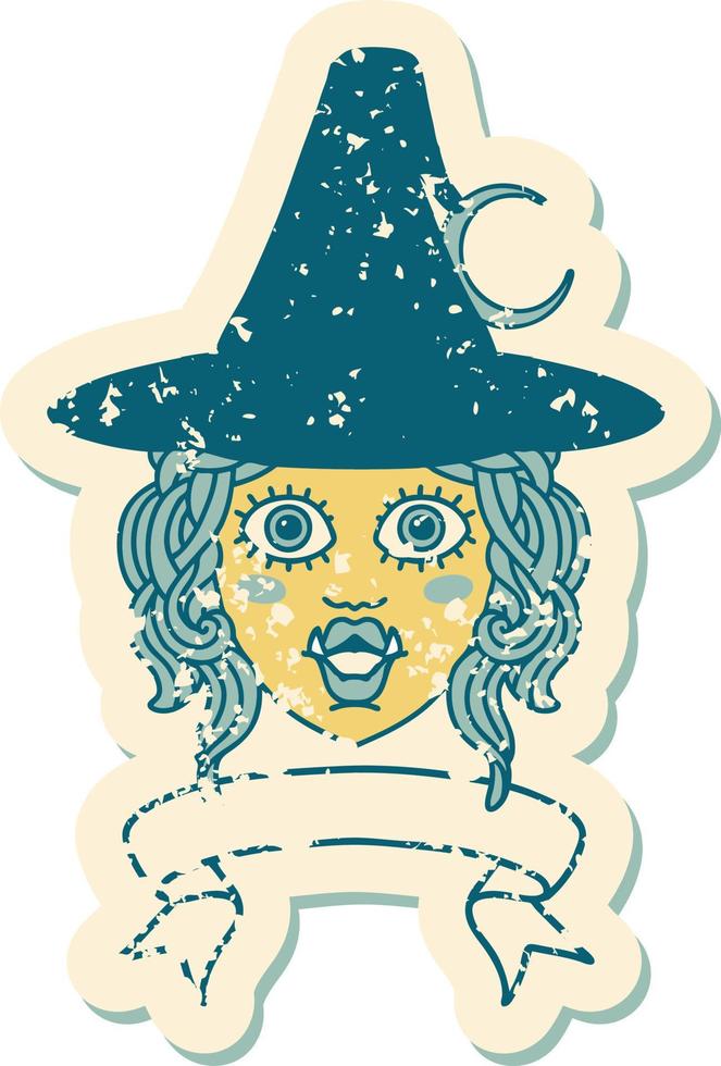 Retro Tattoo Style half orc witch character face with banner vector