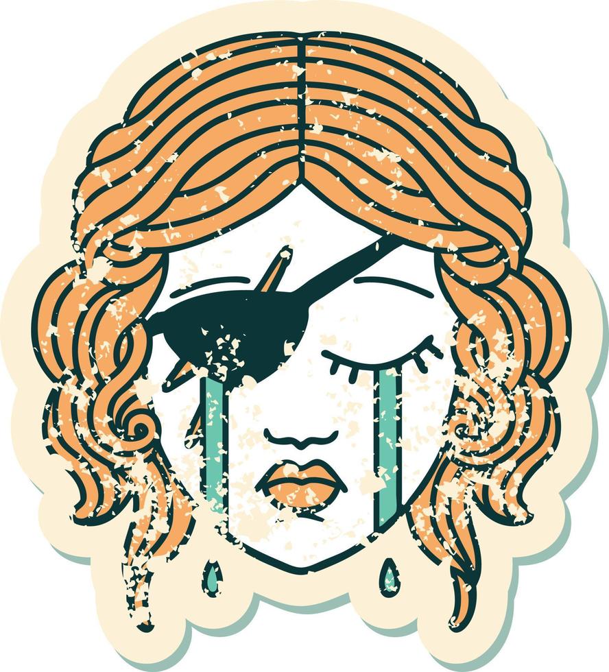 grunge sticker of a crying human rogue character vector