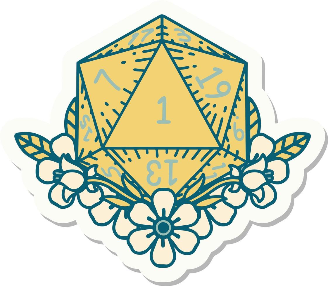 sticker of a natural one dice roll with floral elements vector