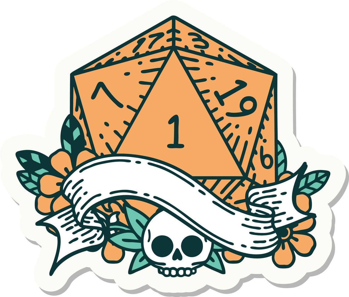 sticker of a natural one d20 dice roll vector