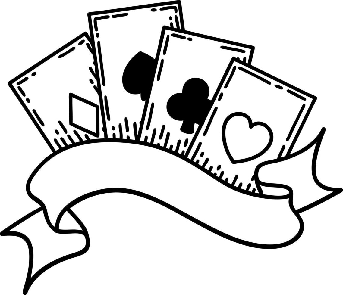 tattoo in black line style of cards and banner vector