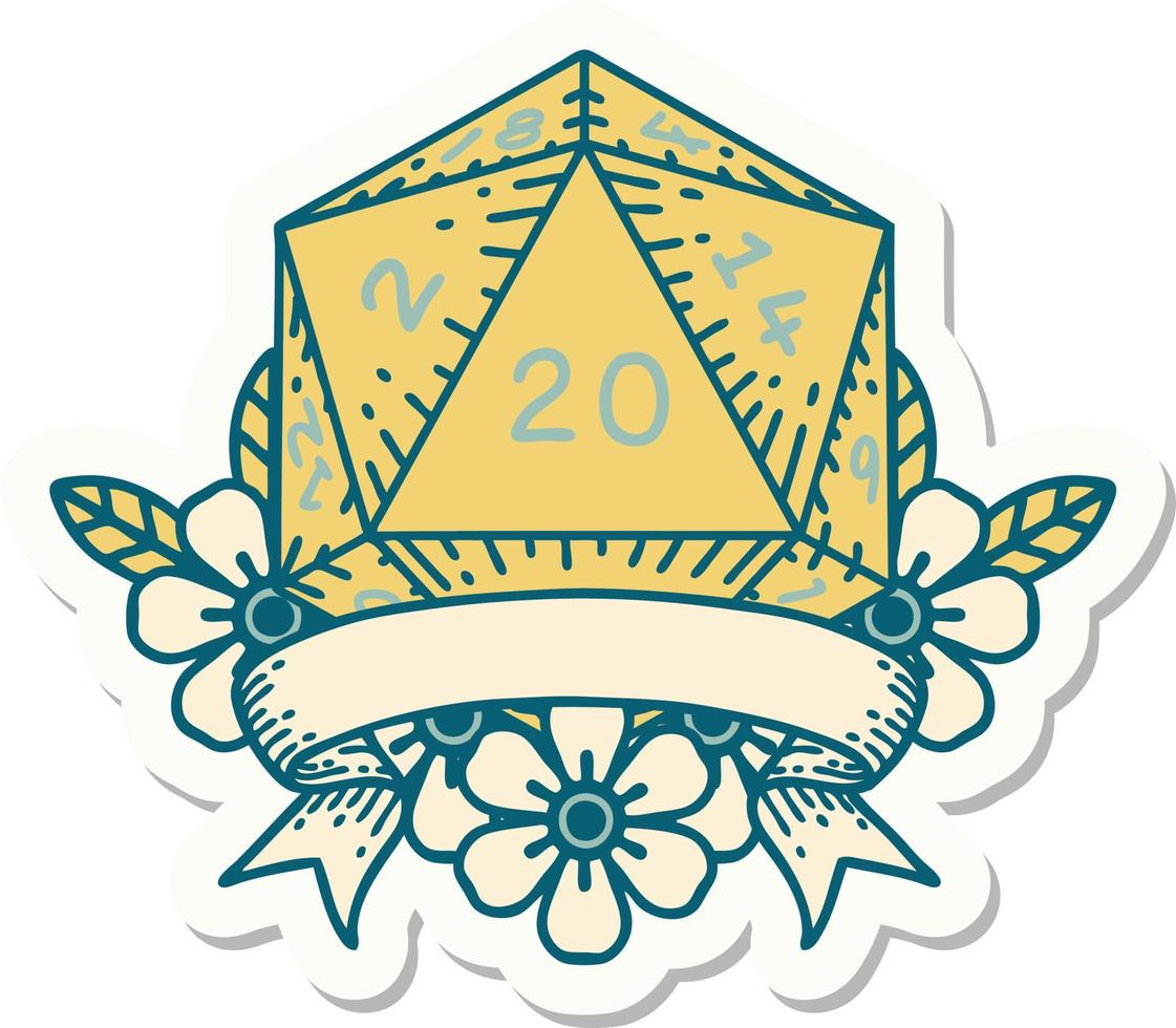 sticker of a natural 20 critical hit D20 dice roll vector