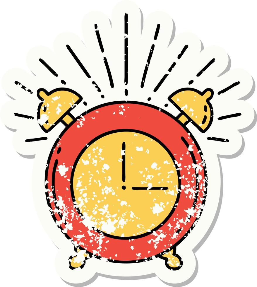 worn old sticker of a tattoo style ringing alarm clock vector