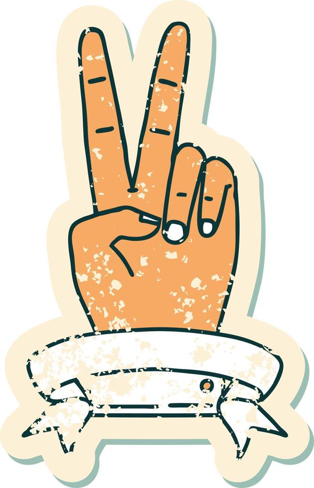 grunge sticker of a peace two finger hand gesture with banner vector
