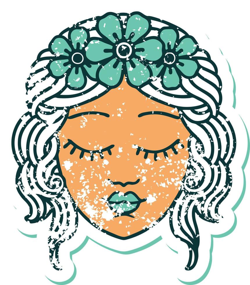 iconic distressed sticker tattoo style image of a maidens face vector