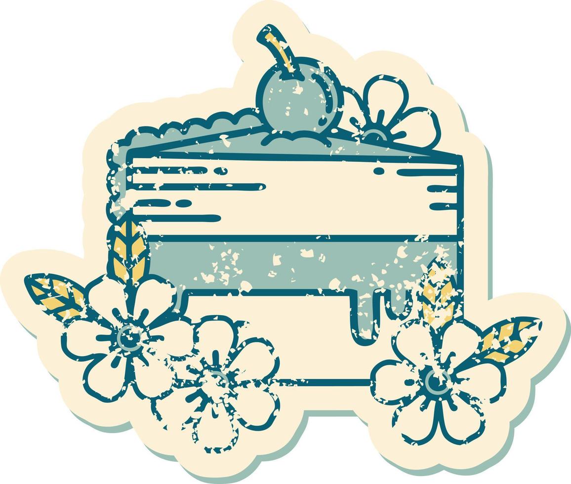 iconic distressed sticker tattoo style image of a slice of cake and flowers vector