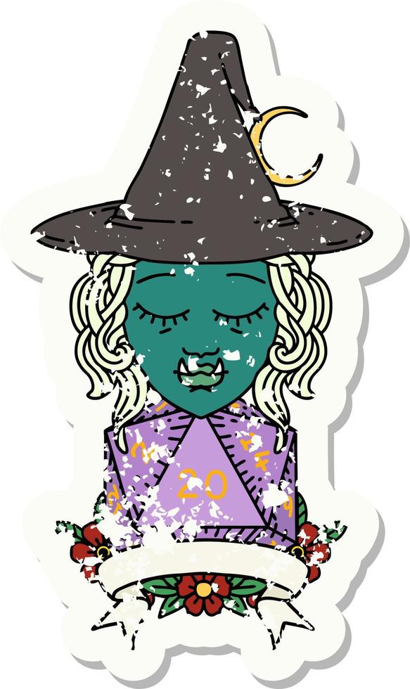 Retro Tattoo Style half orc witch character with natural 20 dice roll vector