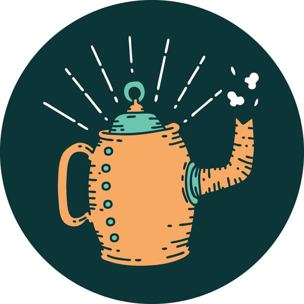 icon of a tattoo style old coffee pot steaming vector