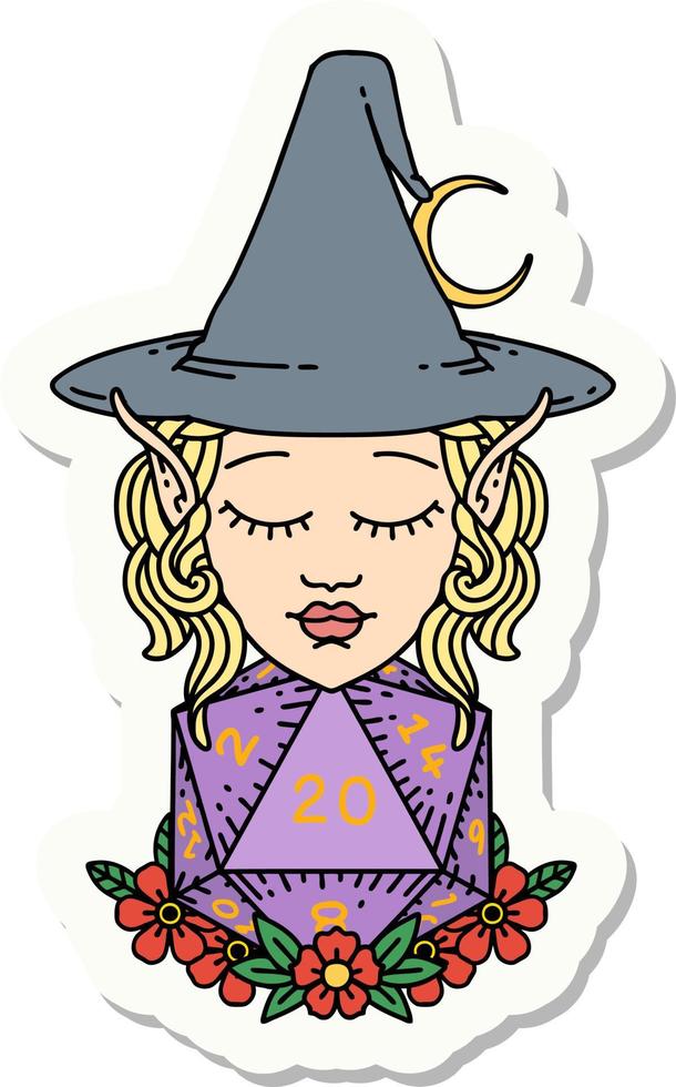 sticker of a elf mage character with natural twenty dice roll vector