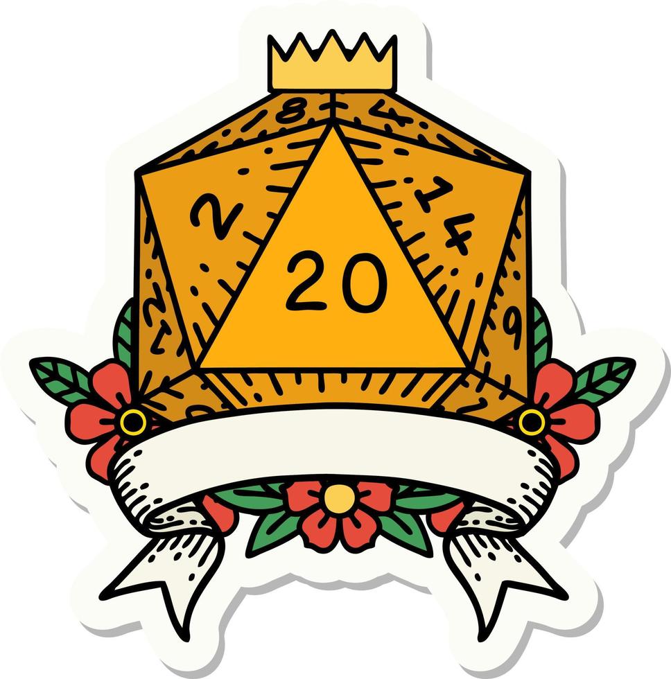 sticker of a natural 20 critical hit D20 dice roll vector