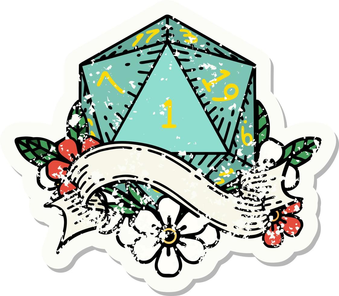 grunge sticker of a natural one d20 dice roll vector