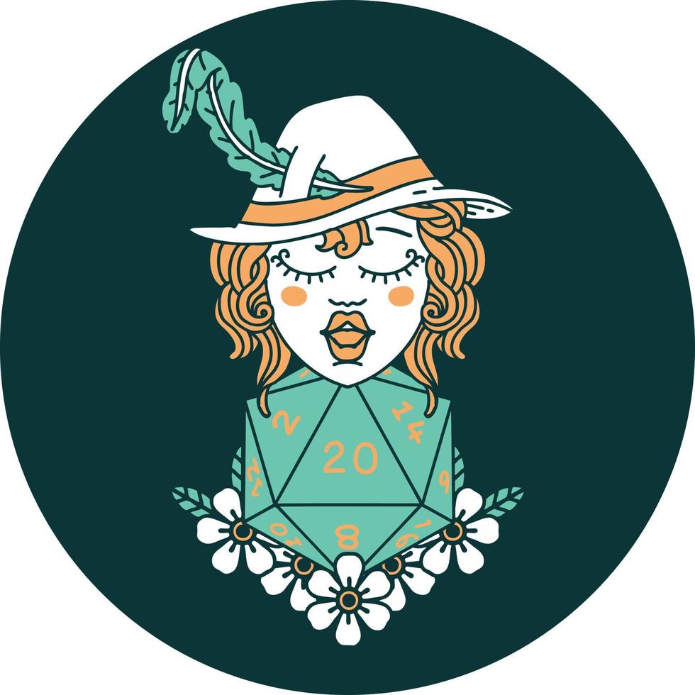 icon of human bard with natural 20 dice roll vector