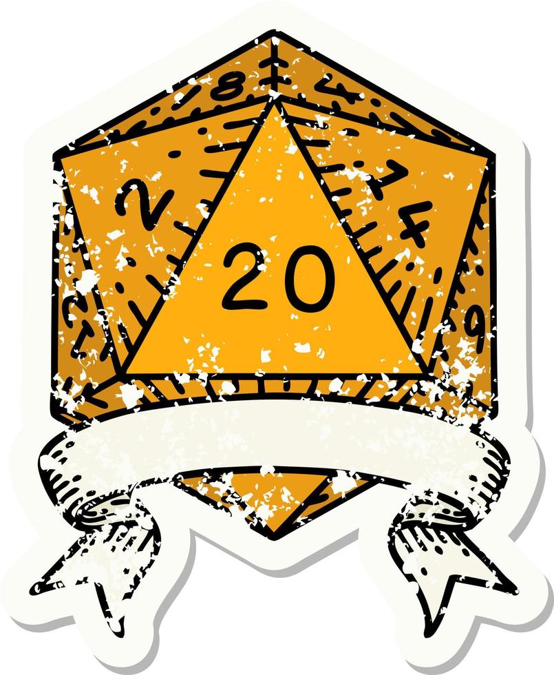 grunge sticker of a natural 20 critical hit D20 dice roll vector