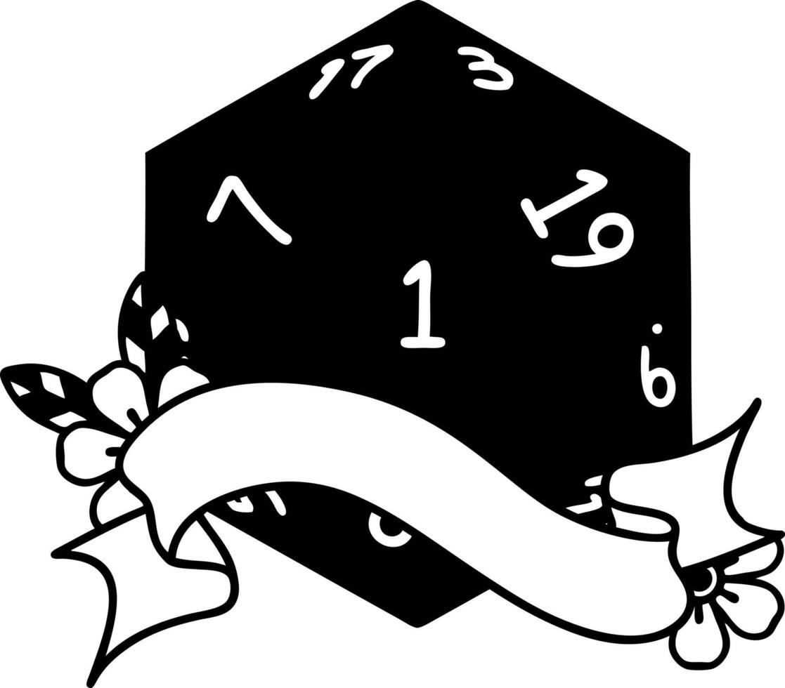 Black and White Tattoo linework Style natural one d20 dice roll vector