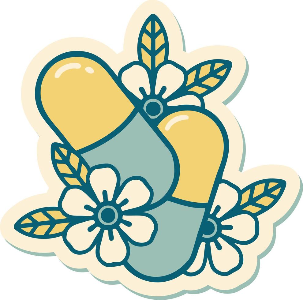 sticker of tattoo in traditional style of pills and flowers vector