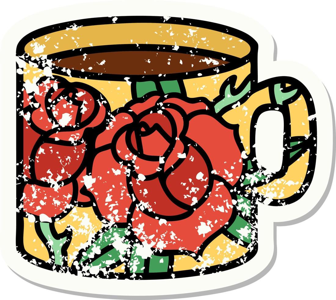 distressed sticker tattoo in traditional style of a cup and flowers vector