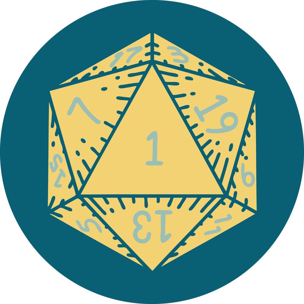 Retro Tattoo Style natural 1 D20 dice roll vector